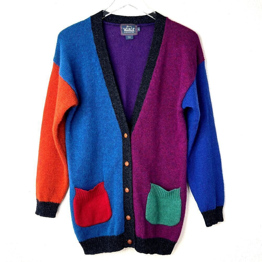 Woolrich Vintage Wool Color Block Cardigan Sweater Multicolored SMALL Button